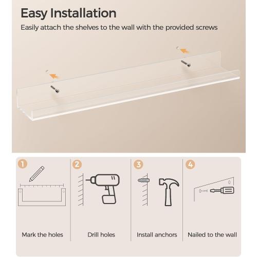 36 Inches Clear Acrylic Floating Shelves Wall, Bookshelf for Kids, Nursery Book Shelves, Magazine Rack, Picture Ledge Shelf for Photo Frames Vinyl Records, Pack of 8