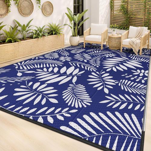 StepRite Outdoor Rug, Patio Rug, Plastic Straw Camping Rugs, Large Waterproof Area Rug and Mat for Outdoors, RV, Patio, Backyard, Deck, Porch, Beach, Balcony, (6'x 9', White & Blue)