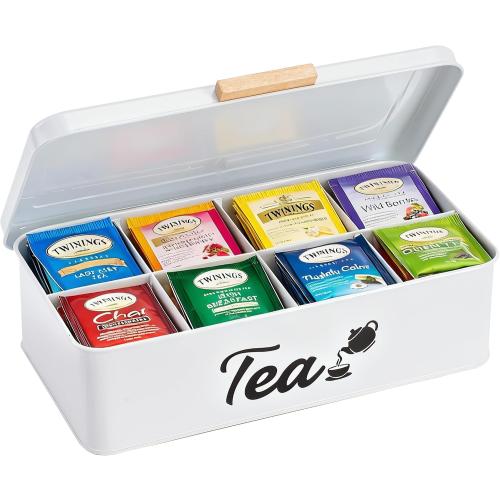 Farmhouse Tea Bag Organizer, Tea Bag Holder with 8 Compartments for Countertop, Tea Box Organizer with Wooden Handle for Home Kitchen