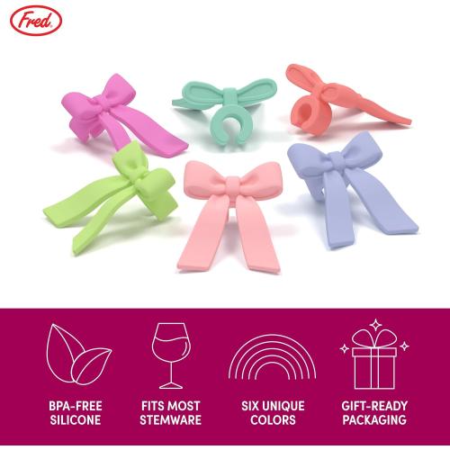 Genuine Fred TIE ONE ON Bow Drink Markers, Set of 6 Silicone Drink IDs, Easy to Clean, Reusable, Fits Most Stemware, Perfect for Parties, Bachelortte, and Gifts 2pks