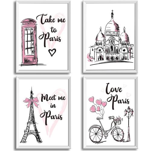 Outus 4 Pieces Paris Wall Decor Pink Paris Themed Bedroom Decor Eiffel Tower Wall Art Prints Romantic Unframed Picture Poster for Living Room Girls Bedroom Bathroom Office Decoration, 8 x 10 Inch