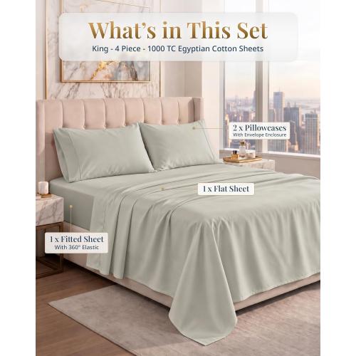 LANE LINEN King Sheets Cooling 100% Egyptian Cotton Sateen - Silver