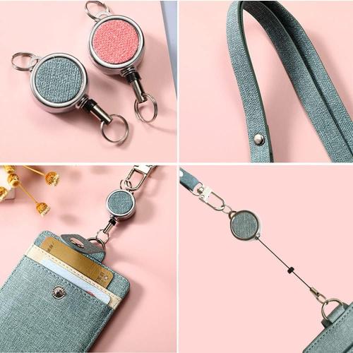 Larpur Vertical ID Badge Holders PU Leather ID Card Holder Detachable Neck Lanyard and Retractable Reel with 1 Clear Window & 2 Card Slots (Lake Blue)