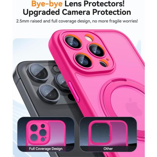 CANSHN 360° Spin Magnetic Stand for iPhone 16 Pro Max Case with Camera Control [Full Camera Protection] [Compatible with Magsafe] Translucent Matte Shockproof Protective Phone Cover 6.9 - Hot Pink