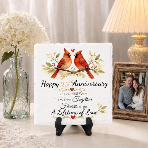 25th Anniversary Couple Gifts, Ceramic Anniversary Plaque with Stand