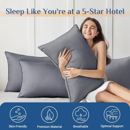JOLLYVOGUE Grey Pillows Queen Size Set of 2, Supportive Firm Bed Pillows with Oeko-Tex Certified Soft Down Alternative Fill, Fluffy Luxury Hotel Quality for Back, Stomach and Side Sleepers