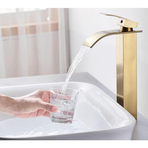 Tall Bathroom Vessel Faucet Champagne Brushed Gold, Waterfall