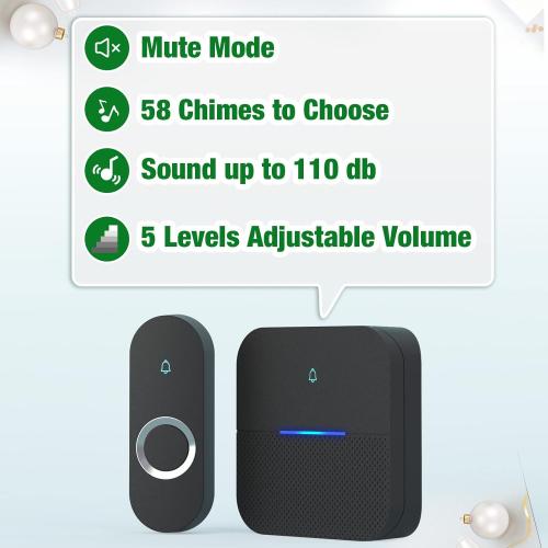 AIDA Lighted Wireless Doorbell for Home, Waterproof Battery Doorbell Wireless 1,000ft Range, 5 Volume Levels with 58 Chimes & LED Flash on Receiver (Black, 1 transmitter & 1 Receiver)