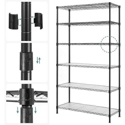 SONGMICS 6-Tier Storage Shelves, Adjustable Wire Shelving Unit, 8 Hooks