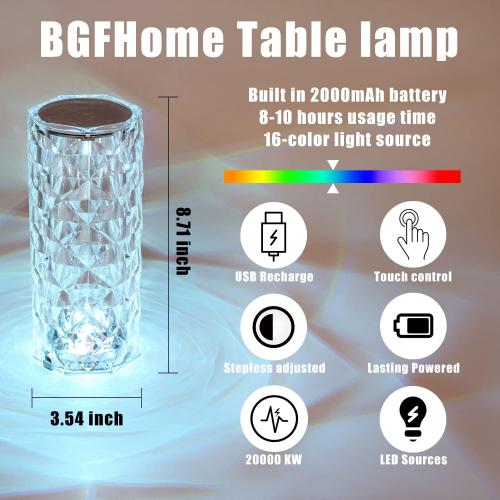 BGFHome 2 Pack Crystal Table Lamp 16 RGB Color Changing Rose Diamond Touch Lights, Protable Rechargeable Cordless Bedside Night Light with Remote, Aesthetic Room Decor Gift for Bedroom, Party, Dinner