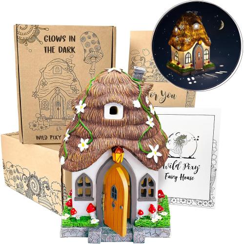 WILD PIXY Fairy Garden House - Glow in The Dark Fairy Cottage with Opening Door and Solar LED Light, Beautiful Miniature Garden Decoration for Indoor or Outdoor Fairy Gardens - 7.1 Fairy House