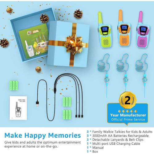 Kids Walkie Talkies 3 Pack NOAA Walkie-Talkies for Adults Rechargeable Long Range 2 Way Radios for Family Camping Hiking Skiing Cruise Ship, Toys for 3-12  Year Old Girls Boys Toddlers