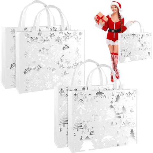 PerKoop 4 Pcs Extra Large Christmas Snowflake Gift Bag 20 x 16 Inch Jumbo Metallic Silver Bag Large Tote with Handles Christmas Tree Reusable Non Woven Gift for Xmas Party Favor Supplies