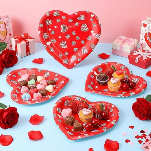 Domensi 50 Pcs Mother's Day Paper Plates Red Love Heart Disposable Paper Plates 7 inch Love Party Tableware for Summer Valentine Best Mom Anniversary Birthday Wedding Bridal Table Picnic Supplies