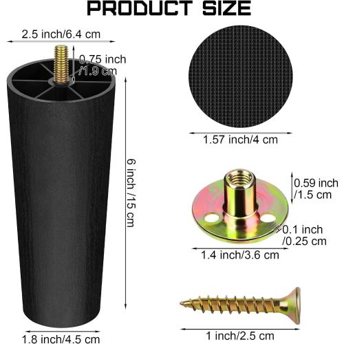 TURSTIN 16 Pack 6 Inch Plastic Furniture Legs with M8 T-Nuts Screws Tapered Sofa Couch and Chair Legs Replacement Furniture Legs for DIY Projects Sofas Coffee Tables Dressers Beds
