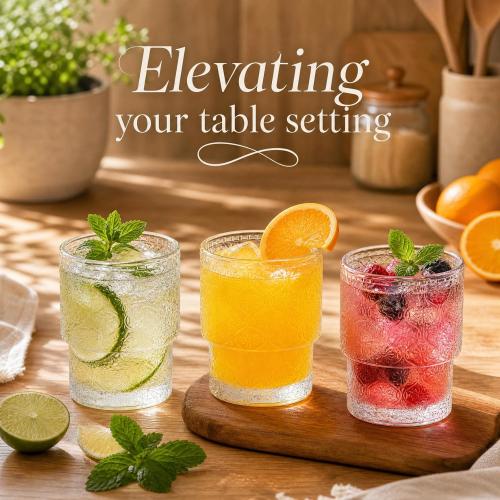 AVLA 8 Pack Vintage Drinking Glassware, 7 oz Romantic Water Juice Glass Tumbler Cup, Clear Stackable Coffee Cocktail Bar Drinkware for Beverages, Tea, Milk, Yogurt, Whiskey, Embossed Floral Pattern