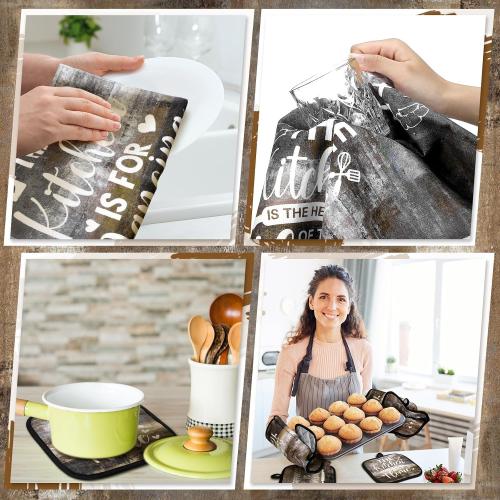 10 Pcs Farmhouse Kitchen Decor and Accessories Set 4 Kitchen Towels 2 Pot Holders 2 Oven Mitts 2 Rugs for Cooking Baking Mom Housewarming Gifts(Brown Gray,Classic Style)