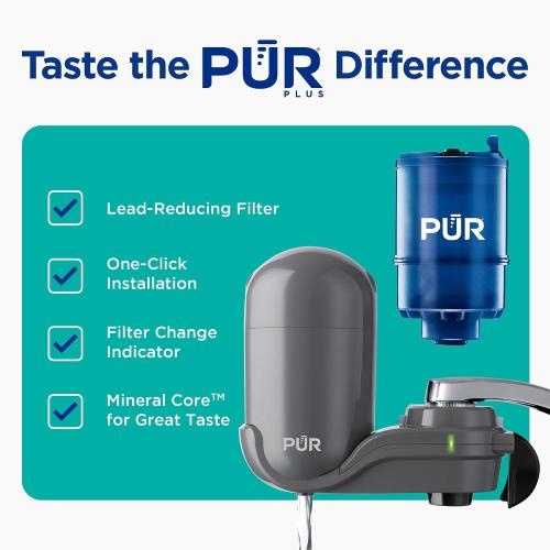 PUR Plus Faucet-Mount Water Filtration System, Lead-Reducing Filter, Grey | Easy Installation, 100-Gallon Capacity, Compatible with External Aerators