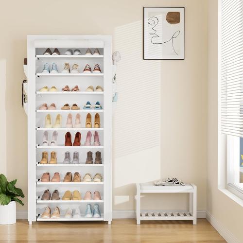 VTRIN Vertical Narrow Shoe Rack Organizer Tall Shoe Rack for Closet Entryway 10 Tier Non-Woven Cover Shoe Shelf Holds 36-41 Pairs Free Standing Shoe Storage Cabinet with Dustproof Cover, White