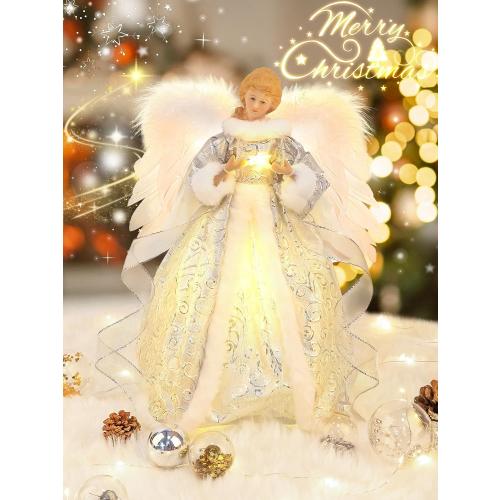 HOHOTIME 14'' Angel Tree Topper with White Feather Wings and Silver Skirt, Christmas Tree Topper with LED Light for Xmas Tree Top Decor Holiday New Year Home Ornament Decorations
