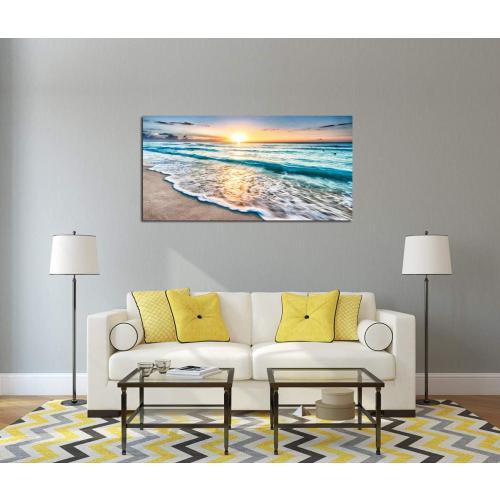 Baisuart S02250 Canvas Prints Wall Art Beach Sunset Ocean Waves Nature Pictures Stretched Canvas Wooden Framed for living Room Bedroom and Office