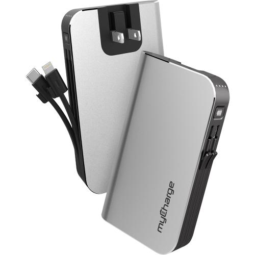 myCharge Portable Charger with Wall Plug – 10050mAh Fast Charger – Power Bank for iPhone, Samsung, Android & More - External Battery Pack Portable Charger with Built-in Cables (Lightning   USB-C), pack of 1