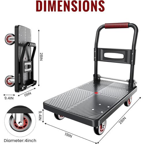 Upgraded Foldable Push Cart Dolly | 660 lbs. Capacity Moving Platform Hand Truck | Heavy Duty Space Saving Collapsible | 4‘’ TPR 360-Degree Silent Wheels | 2 Swivel Wheels and 2 Fixed Wheels