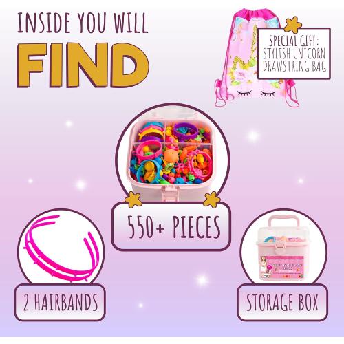 Orian Pop Beads Jewelry Kit for Girls – 550  Colorful Snap Beads to Create Bracelets, Necklaces & Rings, Fun DIY Set with Unicorn Gift Bag, Ages 3