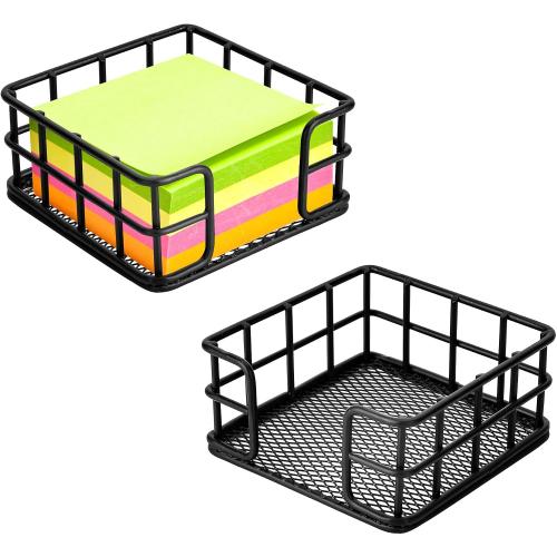 Metal Sticky Note Holder, Black Wire Desk Organizer, 3.6x3.6 Inch Desktop Storage for Memo Pads, Paper Clips and Small Supplies