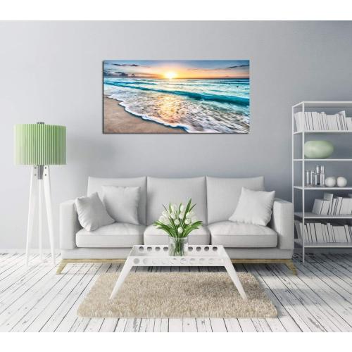 Baisuart S02250 Canvas Prints Wall Art Beach Sunset Ocean Waves Nature Pictures Stretched Canvas Wooden Framed for living Room Bedroom and Office