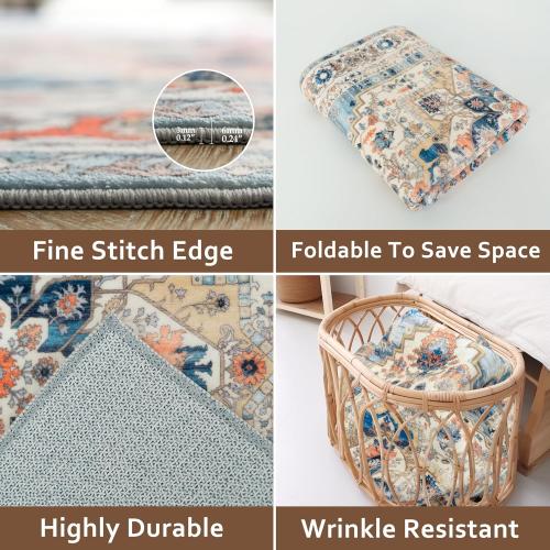 DriftAway Area Rug 5x7 Washable Rugs for Living Room Non Slip Rubber Backing Low Pile Non Shedding Carpet Friendly Boho Foldable Vintage Rugs for Bedroom Dining Room Beige Dark Blue Orange