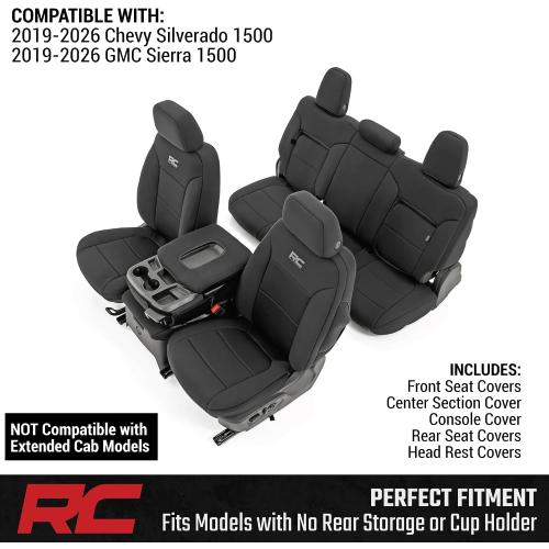 Rough Country Neoprene Seat Covers for Chevy Silverado & GMC Sierra 1500 (2019-2026) w/No Rear Seat Storage or Cup Holder - Waterproof & UV Resistant, Foam Padded, Front & Rear Row Cover Set