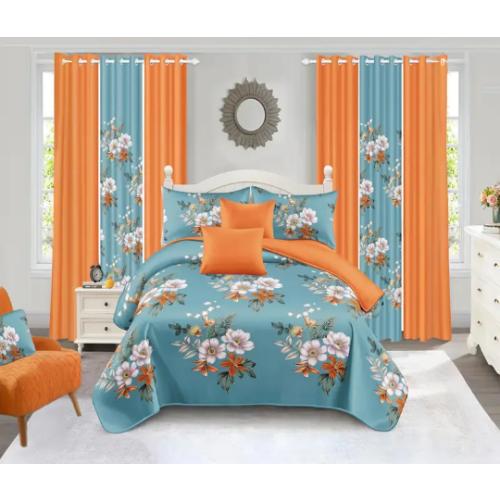 9-piece blue floral bedspread and curtain set featuring a thick printed bedspread, matching pillowcases, and matching curtains