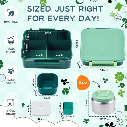 Bento Lunch Box for Kids with 8oz Soup Thermo Leak-Proof Lunch Food Containers with Snack Sauce Container for Kid Girls Boys to School, Green Bag
