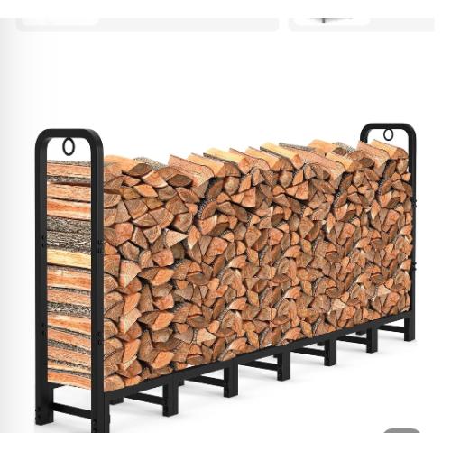 Garvee 8' Outdoor Firewood Rack, 660 lb Powder-Coated Galvanized Metal Log Holder with Lock Rings, Matte Black