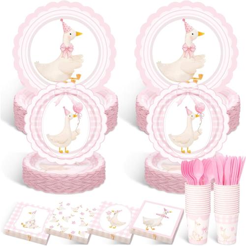 Zhehao 350 Pcs One Silly Goose Birthday Party Tableware Set Scalloped Pink Bow Baby Shower Plates Cup Napkins Forks for Birthday Party Decorations Supplies for 50 Guests