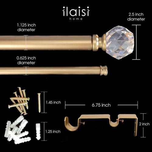 Double Curtain Rod Set:1-1/8 Inch Diameter Luxury Gold Curtain Rods,72-144 Inch Adjustable Gold Drapery Rod with Crystal-clear Faceted Finials for 1 Pack