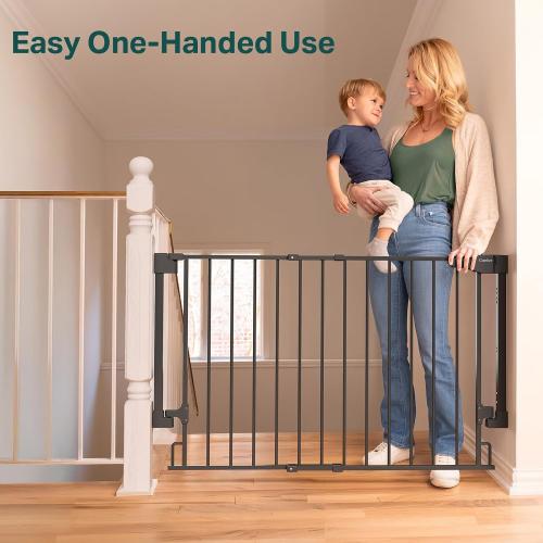 Cumbor 29.2–43 Baby Gate for Stairs, Hardware Mounted (Drill Required), Expandable No Bottom Bar Dog Gate, Auto Close Extra Wide Walk Thru, Pet & Toddler Proof Gate, Top & Bottom of Stairways(Black)