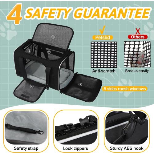 Petskd Pet Carrier 17x13x9.5 Southwest Airline Approved, Pet Travel Carrier Bag for Small Cats and Dogs, Soft Dog Carrier for 1-15 LBS Pets,Dog Cat Carrier with Safety Lock Zipper (Black)