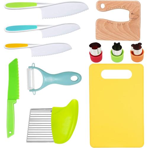 RISICULIS 11 Pieces Wooden Kids Kitchen Knife, Kids Kitchen Set Include Wood Knife, Serrated Edges Plastic Toddler Knife, Kids Kitchen Accessories, Montessori Cooking Christmas Gifts for Boys Girls