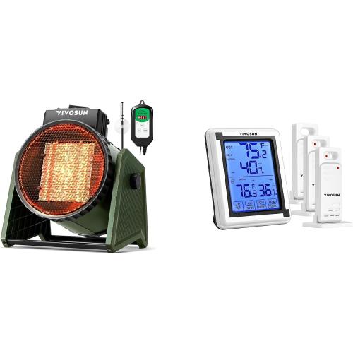VIVOSUN Portable Greenhouse Heater with Adjustable Thermostat and Digital Thermometer and Hygrometer with 3 Remote Sensors, Indoor Outdoor Temperature and Humidity Monitor