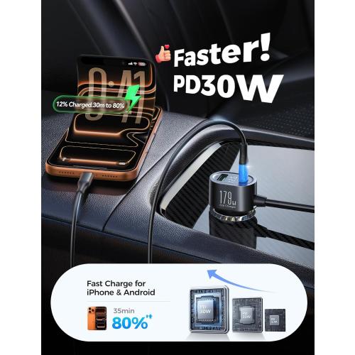 [2025 Upgraded] 7 in 1 Cigarette Lighter Adapter, JOYROOM 179W Car Charger Adapter with PD30W Charge(3.3FT Cable), 24V/ 12V Cigarette Lighter Splitter with Independent Switches & LED Voltage Display