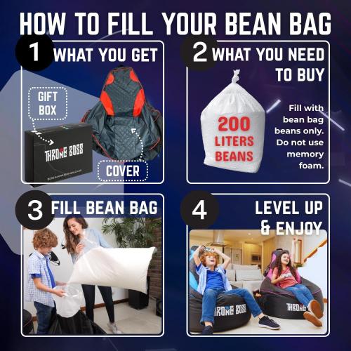 Throne Boss Gaming Bean Bag Chair Cover for Kids with High Back, Black – Floor Gaming Chair Cover, Easy to Clean Fabric, Large Side Pockets, Headphone Hanger, Requires 200 Liters Polystyrene Beans