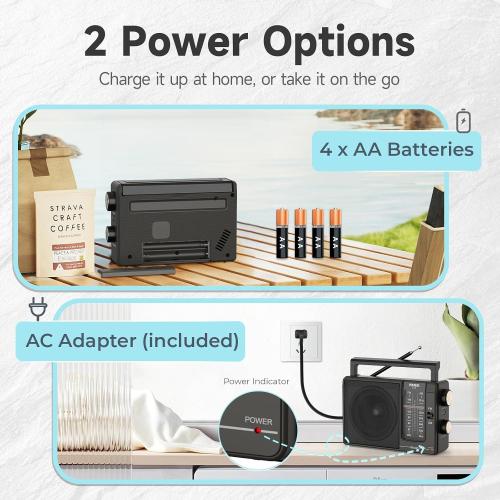 PRUNUS J03 AM FM Radio Portable Plug in Wall or AA Battery Operated for Home/Outdoor, Large Speaker Excellent Sound and Reception, Large Tuning Knobs, Gifts for Seniors, No,Internet Radio/Shower Radio