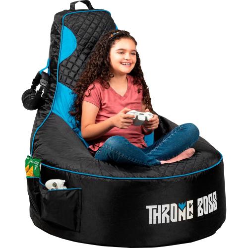 Throne Boss Gaming Bean Bag Chair Cover for Kids with High Back, Blue – Floor Gaming Chair Cover, Easy to Clean Fabric, Large Side Pockets, Headphone Hanger, Requires 200 Liters Polystyrene Beans