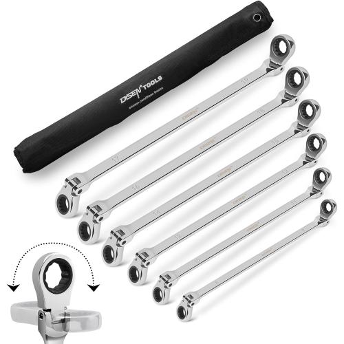 DISEN 6PCS Extra Long Double Box End Ratchet Wrench Set 8-19mm with Pouch