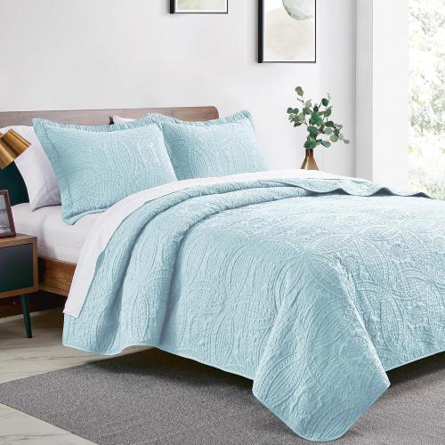 Love's cabin King Size Quilt Set Spa-Blue Bedspreads - Soft Bed Summer Lightweight Bedspread Comforter - Modern Style Coin Pattern Coverlet for All Season - 3 Pieces (1 Quilt, 2 Pillow Shams)