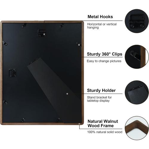 11x14 Picture Frame Natural Walnut Wood with Mat for 8x10, Original Natural Solid Wood 11 by 14 Photo Frames with Tempered Glass Cover for Wall and Tabletop Display