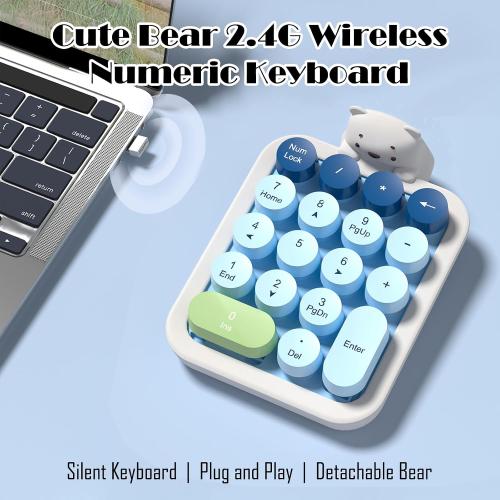 Lomiluskr Wireless Number Keypad with Cute Silicone Bear, 18 Colorful Round Keys Numpad, 2.4G USB Wireless Connection, Portable Financial Accounting Numeric Keyboard, Suitable for PC, Laptop (Blue)