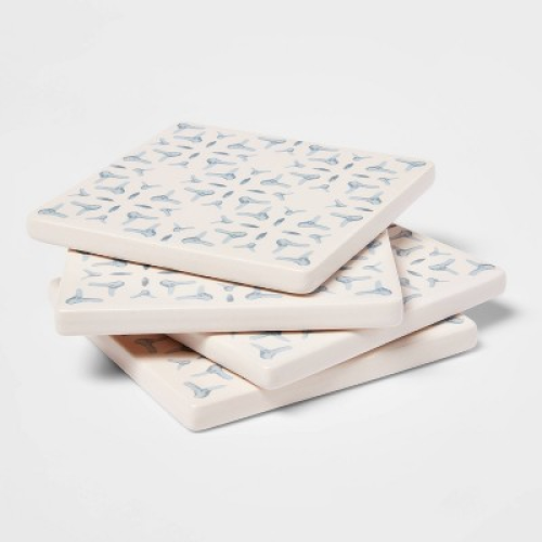 4pk Stoneware Stamp Coasters Light Blue - Threshold™: Traditional Drink Coasters, Hand Wash, 4 Square, Set of 4